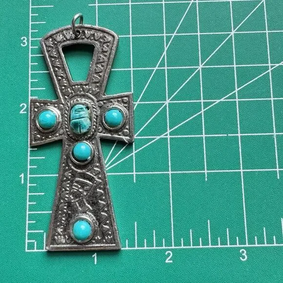 Egyptian Ankh Scarab Pendant Large Cross Silver Plated - Picture 5 of 5